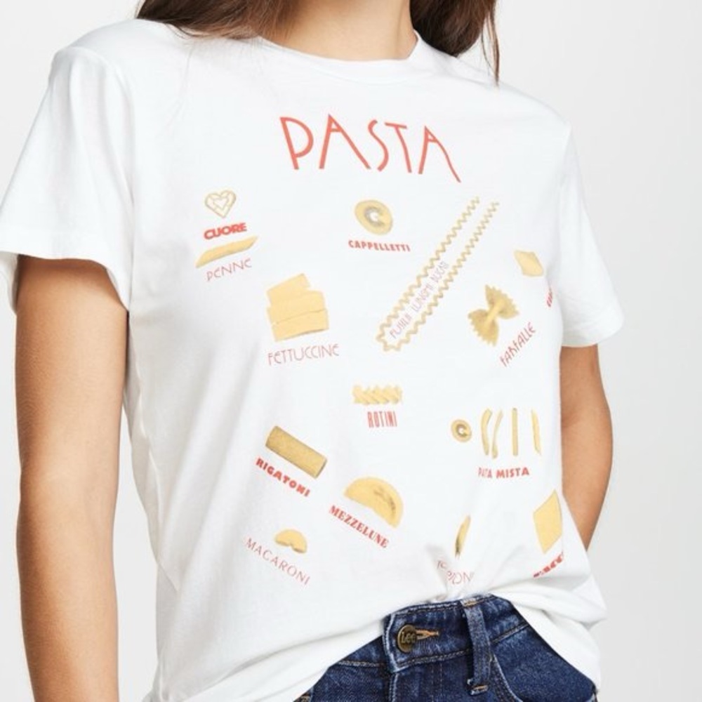 Women's  White Fun CasualPasta Graphic Tee with tied front Sz L